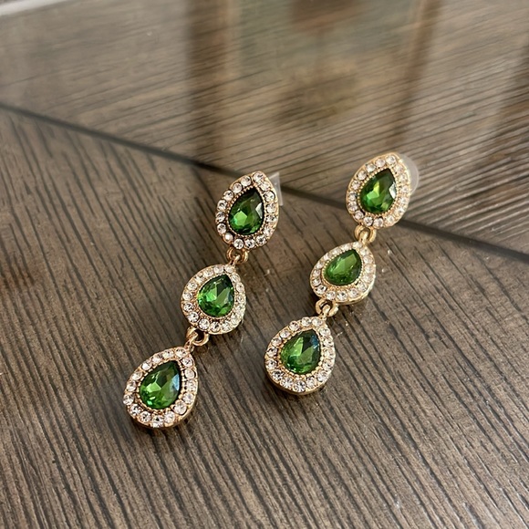 Monet Green & Clear Tear Drop Rhinestone Dangle Earrings - Picture 2 of 15
